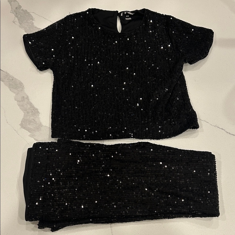 Art Class Black Sequin Kids Matching Set - top and bell bottoms